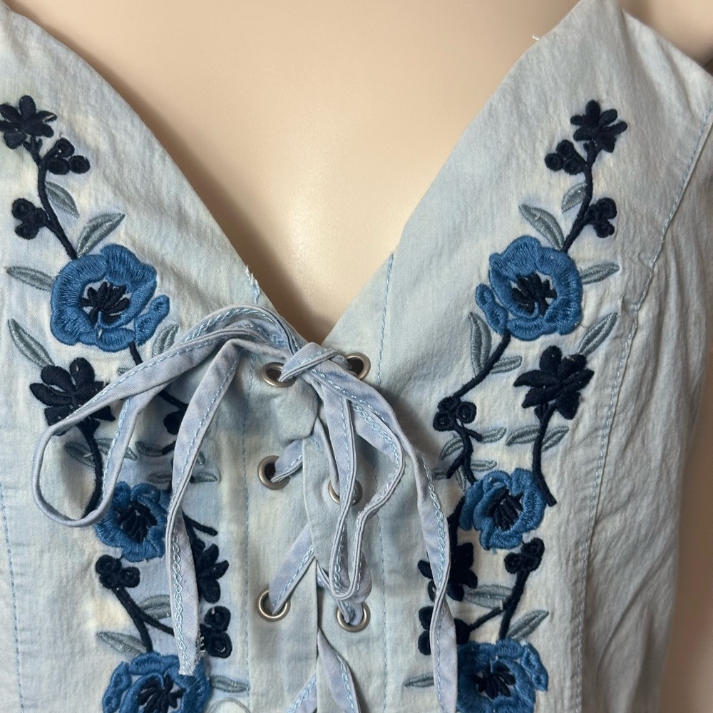 Floral Embroidered Lace Up Mini Dress - Picture 5 of 16